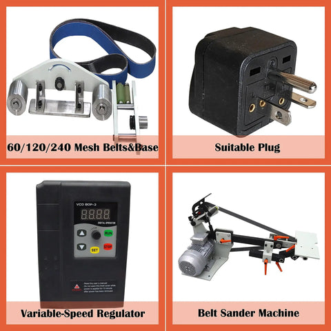 Heavy Gauge 2HP Variable Speed Bench Belt Sander With 2X72 Inch Platform And Three Rugged Grind Wheels For Badass Knife Crafting And Smooth Metal Shaping Tasks Powered By Solid 220V Supply. Includes variable-speed regulator, suitable plug, and various mesh belts.