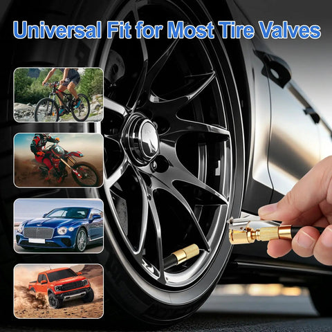 Two Pack Tire Air Chuck with Clip Adapter 8mm Quick Connect Brass Locking Nozzle in use on car wheel for inflators and compressors