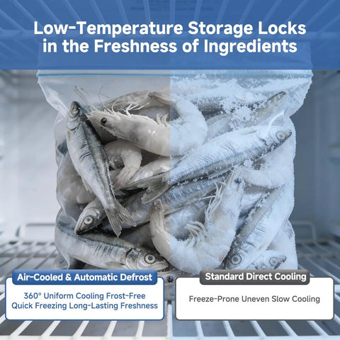 Top Shelf 54 Inch Commercial Reach In Freezer, 49 Cubic Feet Two Door Cold Storage Cabinet With Digital Temp Control, Fan Assisted Airflow, And Hassle Free Auto Defrost Built To Handle The Daily Kitchen Hustle Smoothly showing frozen seafood in storage bag.