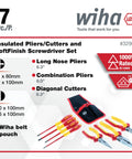 7 Piece Insulated Industrial Pliers And Screwdriver Set With Pro Grade Torque Handles, displayed with belt pouch and specs