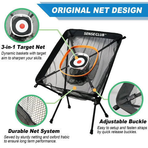 Foldable Chipping Net With Mat For Indoor And Outdoor Golf Practice, 3 Target Baskets, adjustable frame, heavy duty net design