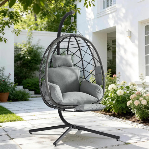 Hanging Egg Chair With Adjustable Footrest And Stand For Indoor And Outdoor Use Wicker Swing Chair With Cushion in garden