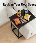 C Shaped End Table That Slides Under Sofa For Small Spaces A Handy Side Table For Living Room Or Bedroom Perfect For Laptop Coffee Snacks Remote And Light Tasks Easy Assembly Modern Design with snacks and drinks on top next to a sofa.
