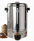65-Cup Commercial Coffee Urn with 10.5 Qt capacity, stainless steel percolator, showcasing spout and bag of coffee beside it