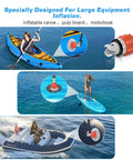 Two Pack Stand Up Paddle Board Pump Adapters With Leak Proof Air Valves For Quick Inflation And Deflation Of Inflatable Boats Kayaks And More Durable Rubber Brass PA66 Construction, shown on kayak and SUP