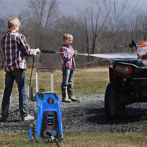 Children using Electric High Pressure Washer 3500 PSI 2.6 GPM With 25 Foot Hose And Hose Reel Four Interchangeable Nozzles outdoors