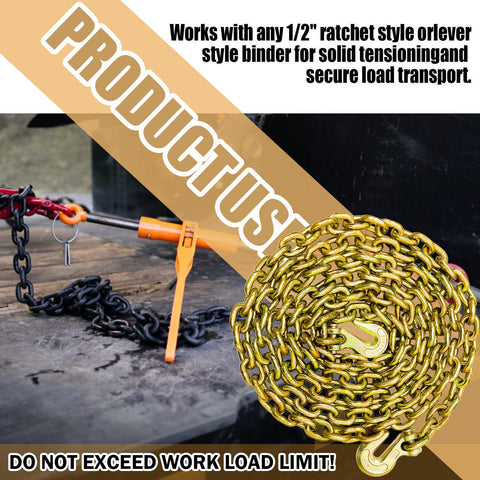 G80 Half Inch Twenty Foot Transport Chain With Clevis Grab Hooks Tow Chain Heavy Duty 12000 Lbs Safe Working Load for Towing and Hauling