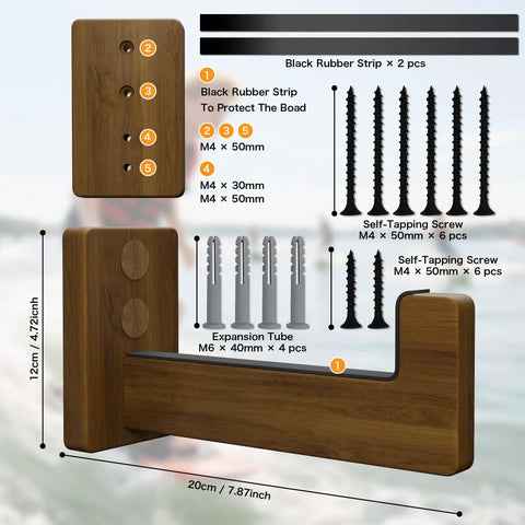 Rugged Wood Surfboard Wall Rack with mounting screws, rubber strips, and dimensions for indoor or outdoor use.