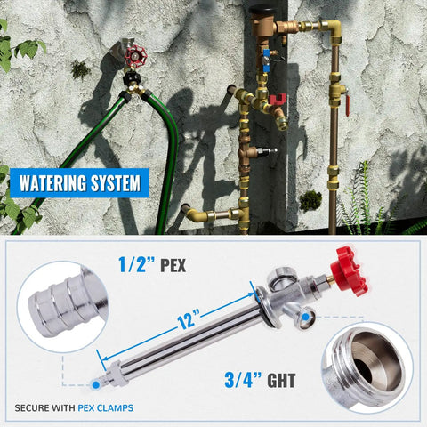 Watering system using Frost Free Sillcock With Anti Siphon Hydrant For Outdoor Use 12 Inch Three Quarter Inch Hose Bibb.