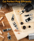 34-piece woodworking drill bit set with countersinks, plug cutters, step drill and stop collars, front view.