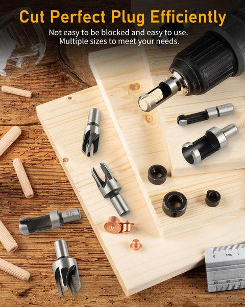 34-piece woodworking drill bit set with countersinks, plug cutters, step drill and stop collars, front view.