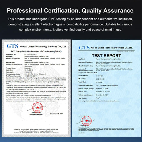Endoscope Camera With Light 1920P HD Borescope For Tight Spaces certification documents and test report display
