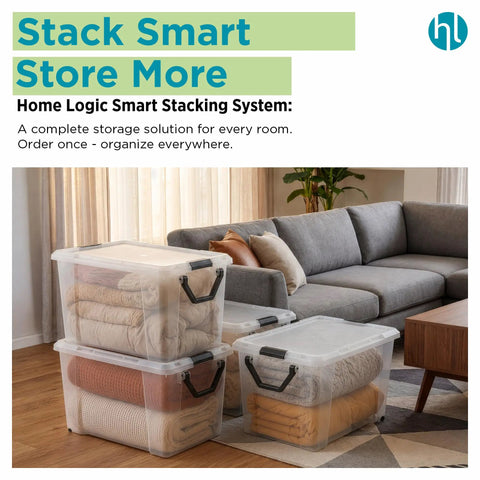 Hella Spacious Thirty Two Gallon Wheeled Storage Totes With Clear Plastic Rolling Bins And Lock Tight Lids For Effortless Moving Loads Smart Garage Makeover And Playroom Stash Setup Four Pack Bundle with blankets stored.