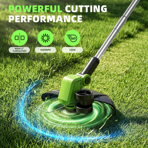 Cordless 21V Weed Wacker And Lawn Edger 9000 RPM Power 12 Inch Cutting Width in action on grass with powerful cutting.