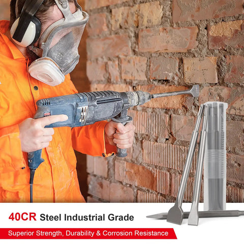 Person using All In One Heavy Duty 3 Piece SDS Plus Chisel Set For Rotary Hammer Drills With Storage Case Includes Flat Chisel Point Chisel And Scaling Chisel For Tile Removal Demolition Grooving And Cement Work Pro Grade Alloy Steel Bits on brick wall.