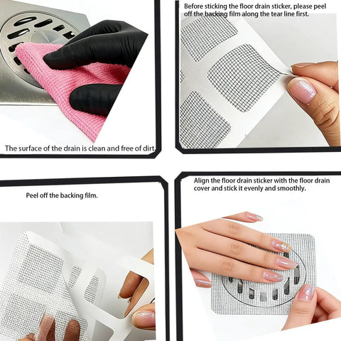 Applying 100 Pcs Disposable Shower Drain Hair Catchers Mesh Adhesive Covers to clean drain surfaces for effective clog prevention.