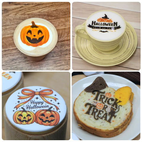 Collage of Halloween latte art designs including pumpkins and trick-or-treat prints on foam drinks and toast.