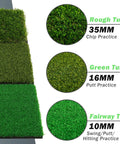 3-In-1 Golf Practice Mat with realistic 35mm rough, 16mm green, and 10mm fairway turf for training indoor outdoor practice aid