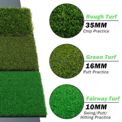 3-In-1 Golf Practice Mat with realistic 35mm rough, 16mm green, and 10mm fairway turf for training indoor outdoor practice aid