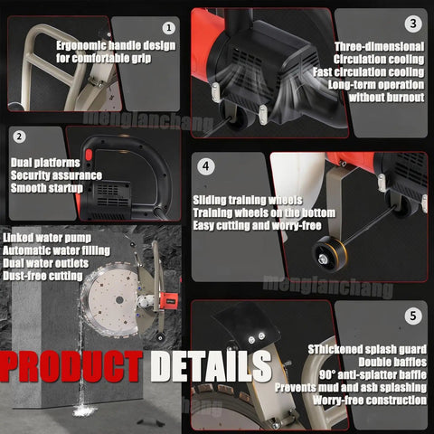 Heavy Duty 5000W Brushless Wet Cut Ring Saw With Integrated Water Pump And Twin Diamond Blades details showing ergonomic designs and cooling features.