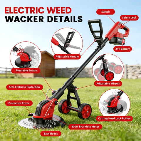 Cordless 12 Inch Weed Wacker With Wheels 21V 2x3000mAh Battery 800W Brushless Motor 4 Blade Types 20000 RPM Grass Trimmer with adjustable wheels