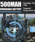 Close-up of Rugged Dual Band Handheld Radio With IP68 Waterproofing, 2500mAh USB-C Battery displayed on screen for long-term use.