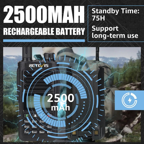Close-up of Rugged Dual Band Handheld Radio With IP68 Waterproofing, 2500mAh USB-C Battery displayed on screen for long-term use.