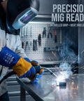 Welder using Blue 16 Inch Welding Gloves Fire Resistant Leather With Double Layer Padding For Stick Welders MIG Flux Core Forge