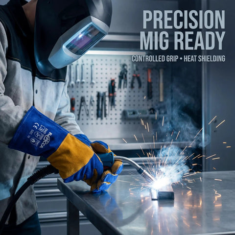 Welder using Blue 16 Inch Welding Gloves Fire Resistant Leather With Double Layer Padding For Stick Welders MIG Flux Core Forge