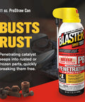 Blaster penetrating catalyst spray can with text highlighting rust removal capabilities, next to rusted nuts and bolts, 11 oz size.