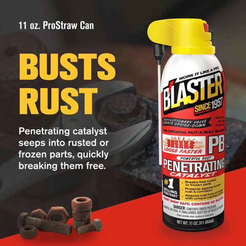 Blaster penetrating catalyst spray can with text highlighting rust removal capabilities, next to rusted nuts and bolts, 11 oz size.