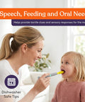 Adult using Calming Oral Motor Stimulation Kit With Six Soft Textured Heads on child during therapy session.