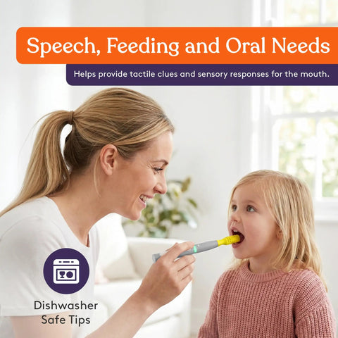 Adult using Calming Oral Motor Stimulation Kit With Six Soft Textured Heads on child during therapy session.