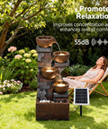 Five Tier Solar Outdoor Water Fountain With LED Lights 33 Point 5 Inch Tall Waterfall For Patio Or Backyard Easy Setup