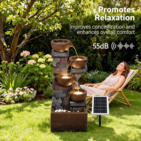 Five Tier Solar Outdoor Water Fountain With LED Lights 33 Point 5 Inch Tall Waterfall For Patio Or Backyard Easy Setup