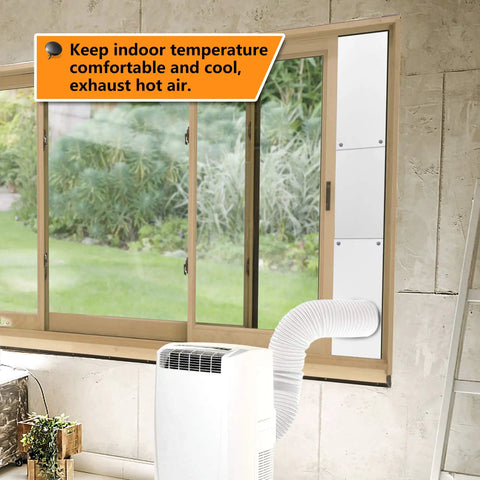 Portable Air Conditioner Window Seal Kit 5 Inch Universal Vent For Exhaust Hose installed on sliding window, garden view