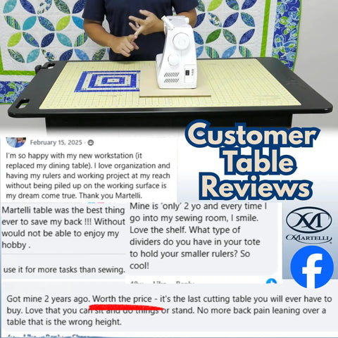 Customer review featuring Smooth Electric Height Adjusting Sewing Table With Remote Control and Tilt Top Setup in use.