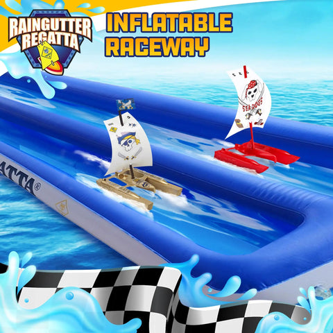 Inflatable Raingutter Regatta Raceway For Scouts And Backyard Racers, 29 Inch Wide By 10 Foot Long, two boats racing