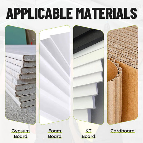 Zozen drywall cutter collage showing gypsum board, foam board, KT board, and cardboard