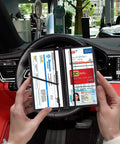 Slick Carbon Fiber Black Car Registration And Insurance Card Holder With Fast Flip Clear Window open to show documents in car.