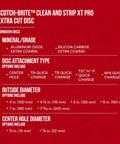 Features of Scotch-Brite Clean and Strip XT Pro Disc including aluminum oxide and silicon carbide options, various diameters.