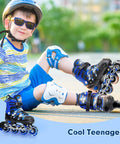 Boy wearing One Push Adjustable Inline Skates For Kids And Youth With Full Light Up Wheels Camo Blue, sitting outdoors.