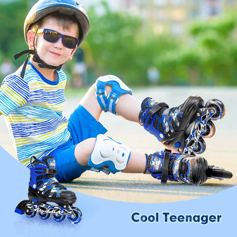 Boy wearing One Push Adjustable Inline Skates For Kids And Youth With Full Light Up Wheels Camo Blue, sitting outdoors.