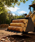 Tractor hauling logs with Beefy Clamp On Debris Forks For 60 Inch Tractor Buckets, 4400 Lb Capacity, Quick Attach, 6 Tine Pallet Forks