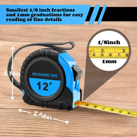 20 Pack Easy Read Measuring Tapes 12 Ft Retractable With Pause Button And Lock For Pros And DIYers shown with close-up on markings