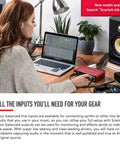 Person using Scarlett 4i4 3rd Gen USB Audio Interface connected to laptop for recording and streaming with studio speakers.