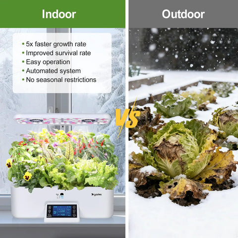 Dope Seventeen Pod Hydroponic Growing System With Dual Fans And 24W Full Spectrum Grow Light vs outdoor garden with snow
