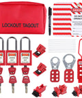 Lockout Tagout Kit For Electrical Safety With Group Lockout Hasps And Circuit Breaker Lockouts Safety Padlocks With Numbers Lockout Tags Nylon Ties And A Pocket Bag Red Kit For Quick Easy Reliable Lockout Procedures displayed on a white background.