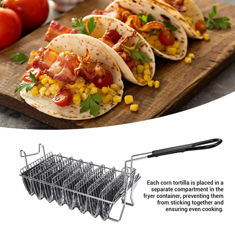 8 Shell Stainless Steel Taco Fryer Basket With V Shaped Holder And Grip Handle For Frying Restaurant Quality Crispy Taco Shells At Home Or In Your Kitchen shown with tacos