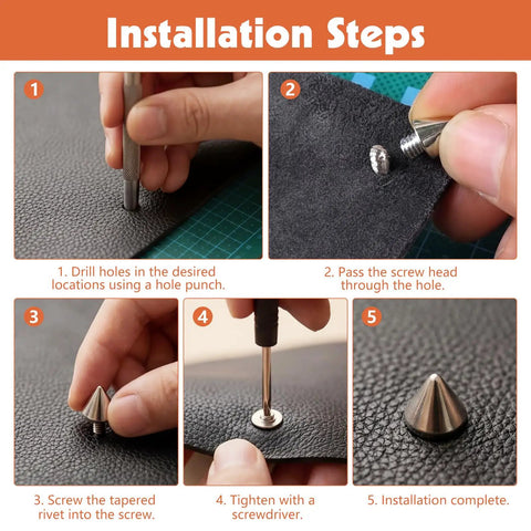 Installation steps for Badass 220 Piece Punk Spike And Stud Hardware Kit For Clothing Leather Crafting includes tapered cone fasteners.
